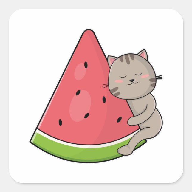 Katze mit Watermelon Quadratischer Aufkleber (Vorderseite)
