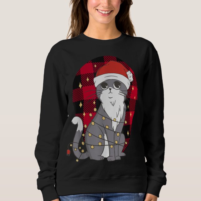 Katze mit Weihnachtsbaumleuchten, Buffalo Karierte Sweatshirt (Vorderseite)