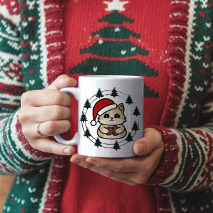 Katze mit Weihnachtshut mit Weihnachtsbaumen Kaffeetasse