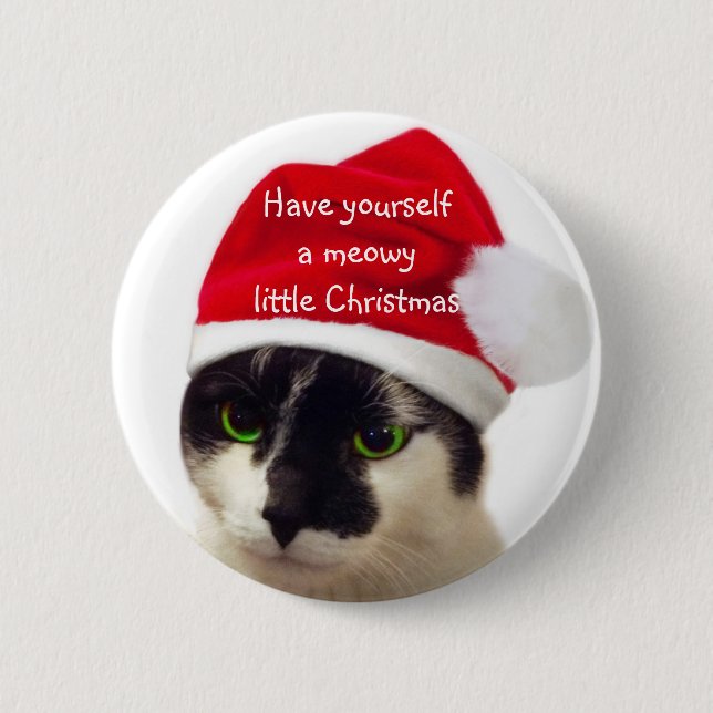 Katze mit Weihnachtsmannmütze Button (Vorderseite)