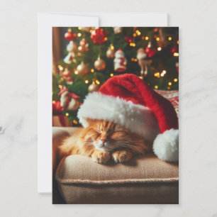 Katze mit Weihnachtsmannmütze schlafend auf einem Feiertagskarte