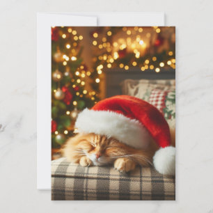 Katze mit Weihnachtsmannmütze schlafend auf einem Feiertagskarte