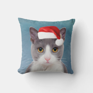 Katze mit Weihnachtsmannmütze Weihnachtsportrait Kissen