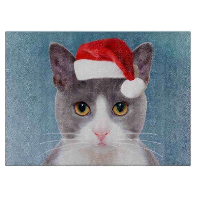 Katze mit Weihnachtsmannmütze Weihnachtsportrait Schneidebrett (Vorderseite)