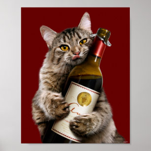 Katze mit Weinflasche Poster