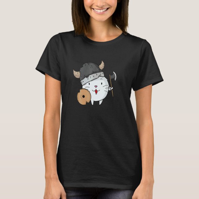 Katze mit Wikingerhelm Axt und Schild T-Shirt (Vorderseite)
