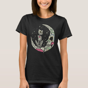 Katze & Mond Zucker-Schädel Dia de Los Muertos Tag T-Shirt