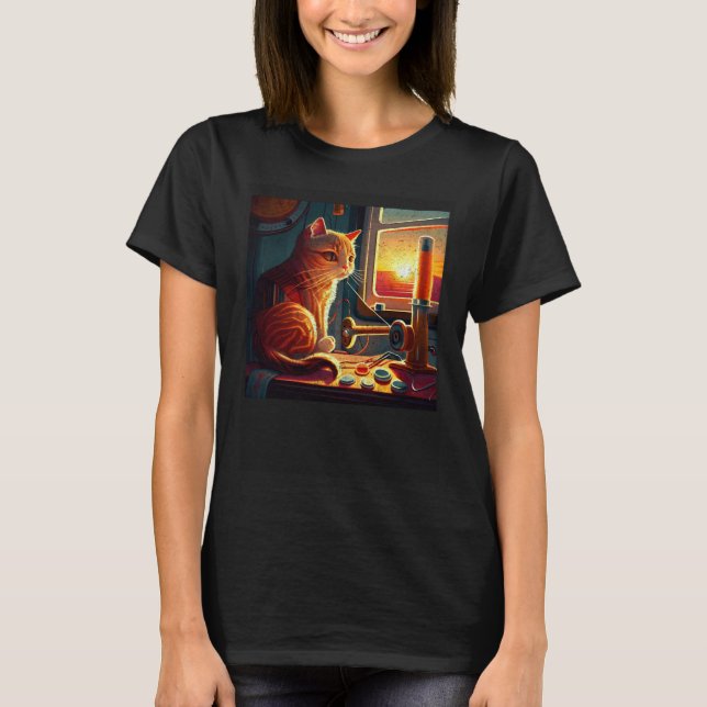 Katze näht Buntes T-Shirt (Vorderseite)