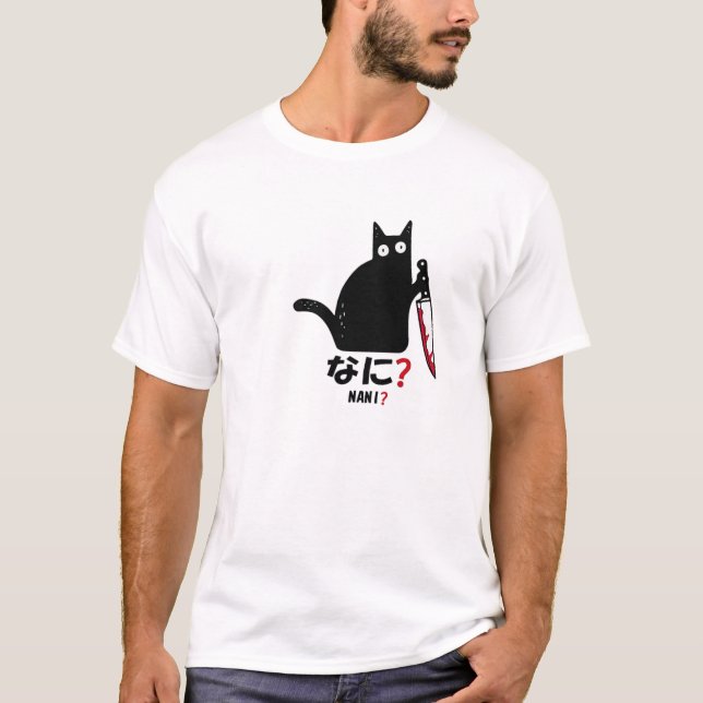 Katze Nani Was Murdersche Schwarze Katze mit Knife T-Shirt (Vorderseite)