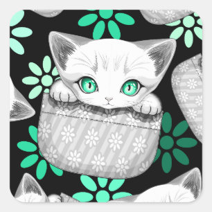 Katze Niedlich und spielerisch aus einem Pocket Quadratischer Aufkleber