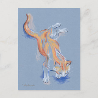 Katze Pastel Orange und weiße Tablette auf blauem Postkarte