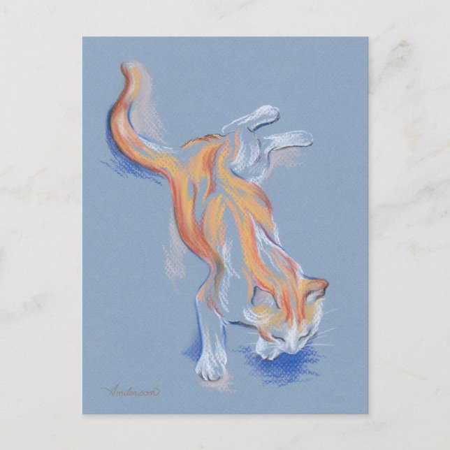 Katze Pastel Orange und weiße Tablette auf blauem  Postkarte (Vorderseite)
