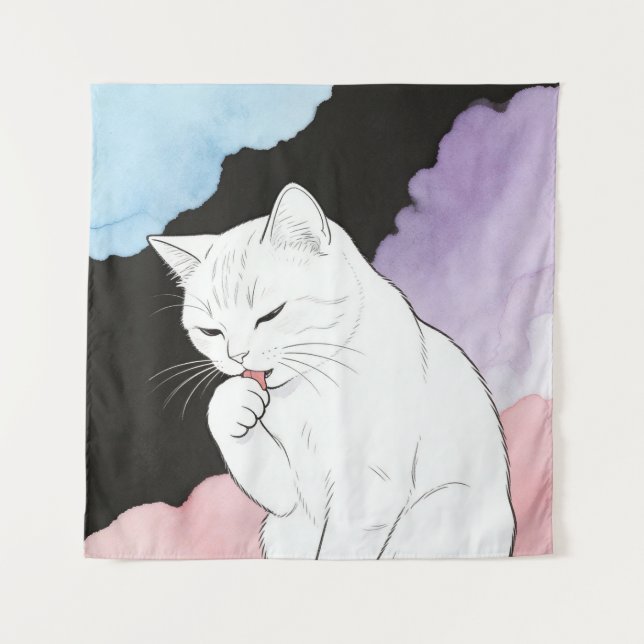 Katze putzt ihre Pfote Wandteppich (Vorderseite)