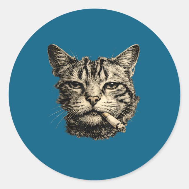 Katze raucht Zigarette Feline Tabby Runder Aufkleber (Vorderseite)