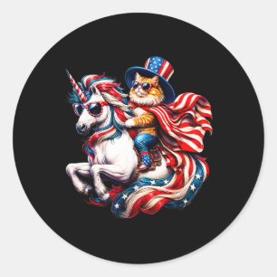 Katze reitet auf Einhorn USA-Flagge Patriotisch 4. Runder Aufkleber