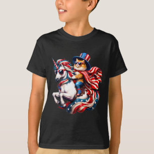 Katze reitet auf Einhorn USA-Flagge Patriotisch 4. T-Shirt