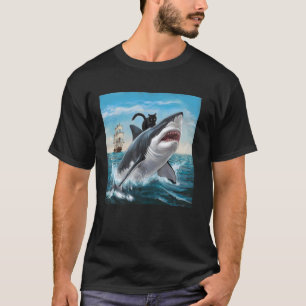 Katze Reitet Auf Hai Humorvoll Spiel Männer Frauen T-Shirt
