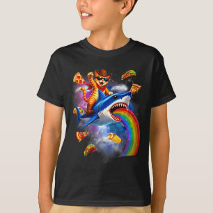 Katze reitet auf Hai Regenbogen Pizza Taco Galaxie T-Shirt