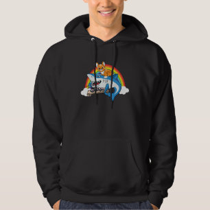 Katze reitet auf Hai und isst Sushi mit Regenbogen Hoodie