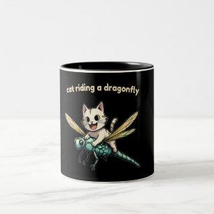 Katze reitet auf Libelle Katzenkunst-Geschenk für Zweifarbige Tasse