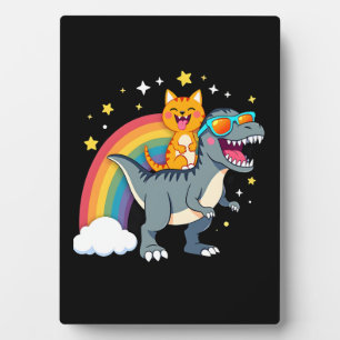Katze Reitet Dinosaurier T-Rex Kätzchen Regenbogen Fotoplatte