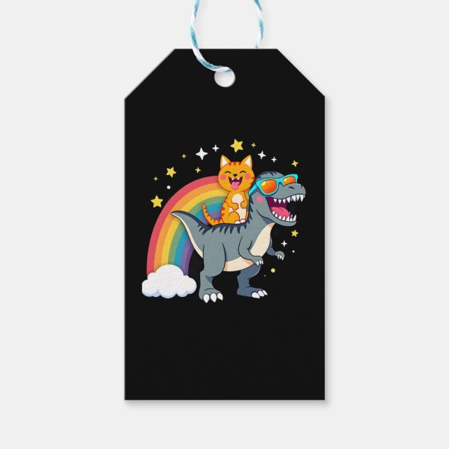 Katze reitet Dinosaurier T-Rex Kätzchen Regenbogen Geschenkanhänger (Vorderseite)
