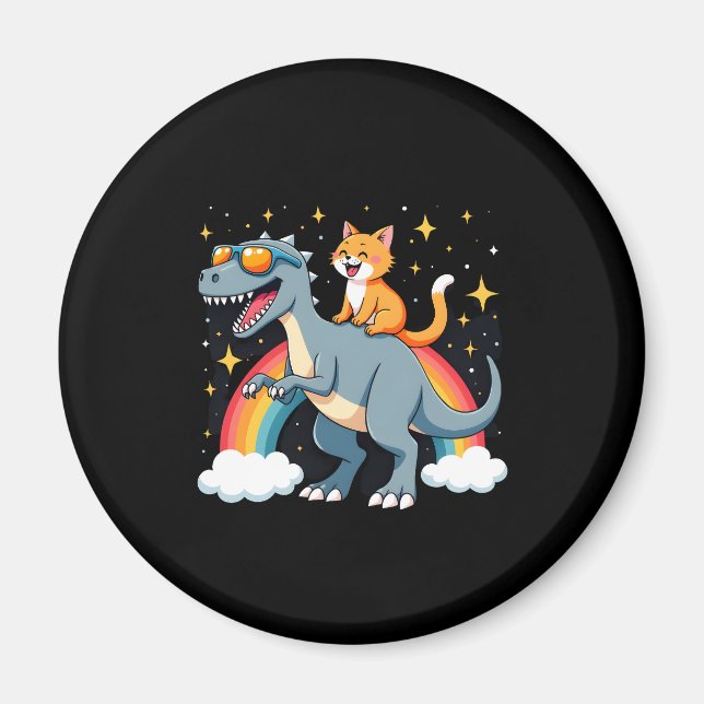 Katze Reitet Dinosaurier T-Rex Kätzchen Regenbogen Magnet (Vorne)