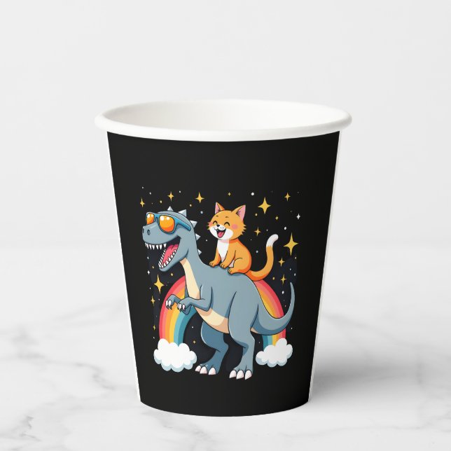 Katze Reitet Dinosaurier T-Rex Kätzchen Regenbogen Pappbecher (Vorderseite)