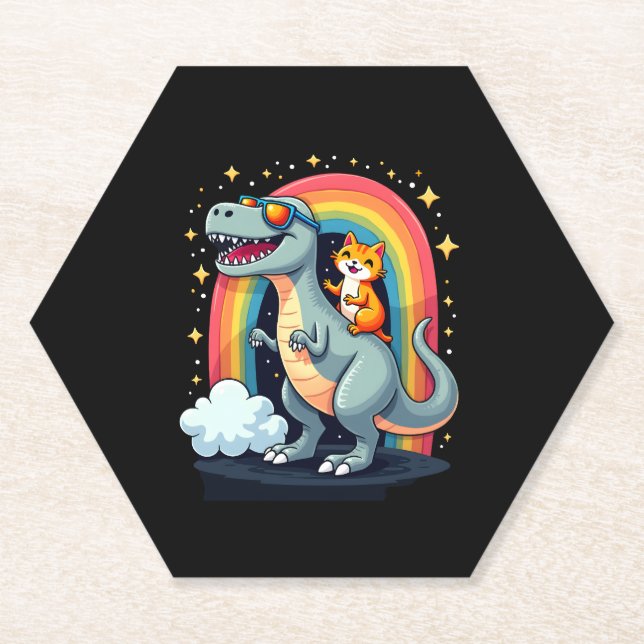 Katze Reitet Dinosaurier T-Rex Kätzchen Regenbogen Untersetzer (Vorderseite)