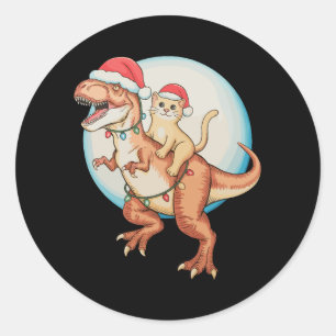 Katze Reitet Dinosaurier T Rex Mond Weihnachten Xm Runder Aufkleber