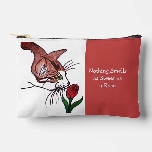 Katze riecht an duftender Rose  Zubehörtasche (Vorderseite)