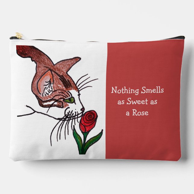 Katze riecht an duftender Rose  Zubehörtasche (Vorderseite)