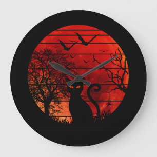 KATZE ROTER MOND NACHT SCHWARZE KATZEN LIEBHABER GROßE WANDUHR
