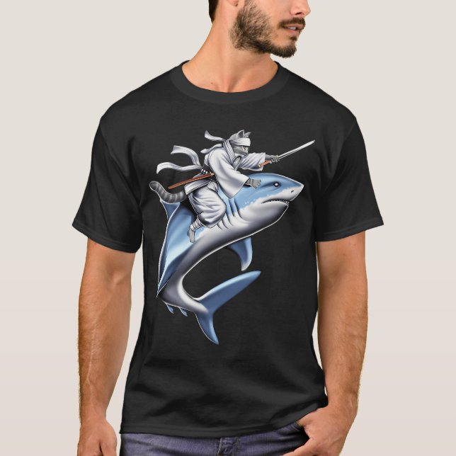 Katze Samurai Ninja Reitet Hai T-Shirt (Vorderseite)