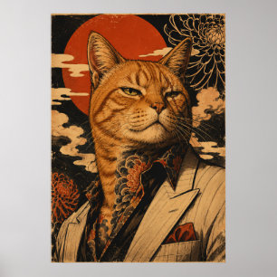 Katze Samurai Vintage Japanisches Poster