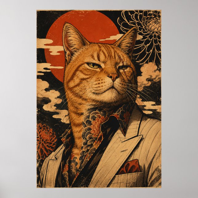 Katze Samurai Vintage Japanisches Poster  (Vorne)