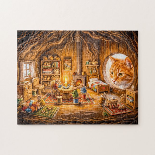 Katze schaut in gemütliches Mäuseheim Puzzle (Horizontal)