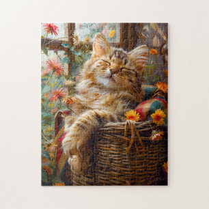 Katze schlafend auf Fensterbank zwischen Blumen Puzzle