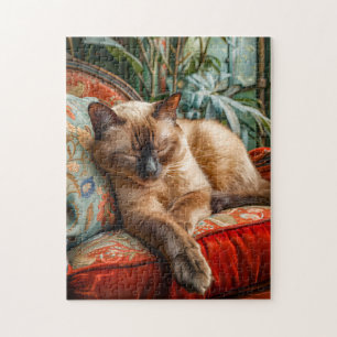Katze schlafend auf gemütlichem Sessel Puzzle