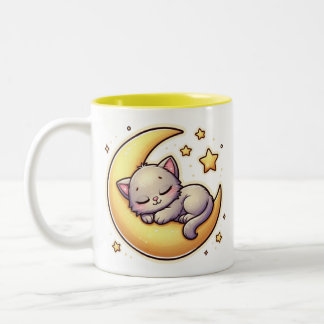 Katze schläft auf der Tasse des Mondes