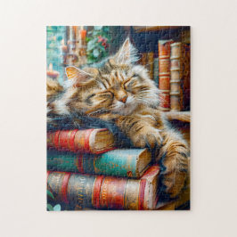 Katze schläft auf einem Bücherstapel Puzzle