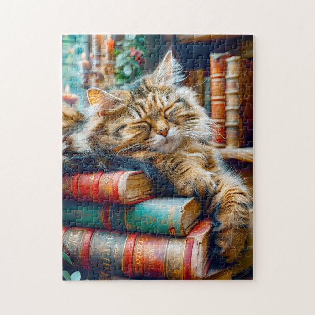 Katze schläft auf einem Bücherstapel Puzzle (Vertikal)