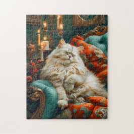 Katze schläft auf gemütlichem Sessel bei Kerzenlic Puzzle
