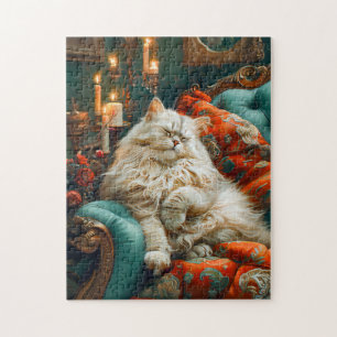 Katze schläft auf gemütlichem Sessel bei Kerzenlic Puzzle