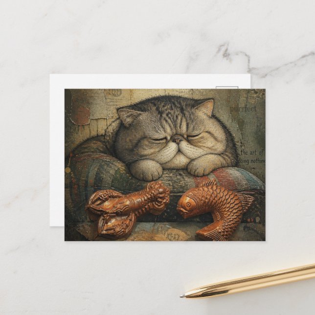 Katze schläft mit Hummer und Fisch Postkarte (Vorderseite/Rückseite Beispiel)