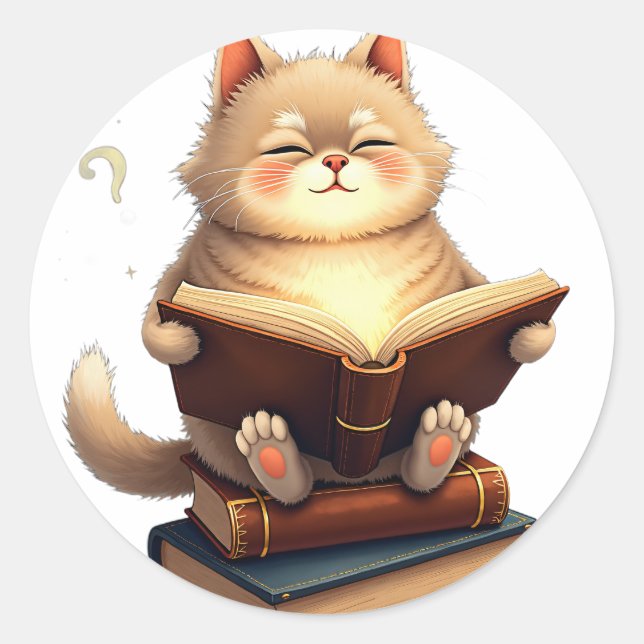 Katze schwebt im Weltraum, liest Buch Kosmische Ko Runder Aufkleber (Vorderseite)