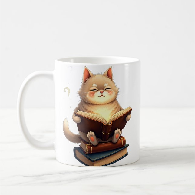 Katze schwebt im Weltraum und liest Buch Kosmische Kaffeetasse (Links)