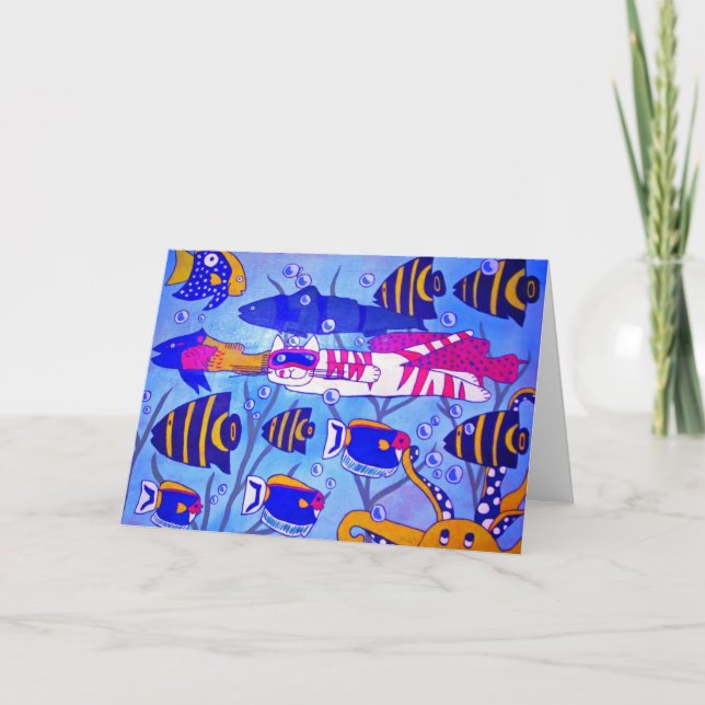 Katze Schwimmen mit Fischen Karte (Vorderseite)