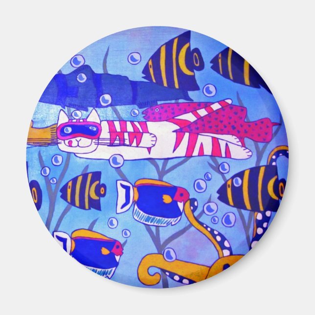 Katze Schwimmen mit Fischen Magnet (Vorne)