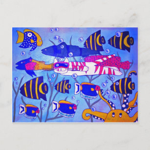 Katze Schwimmen mit Fischen Postkarte